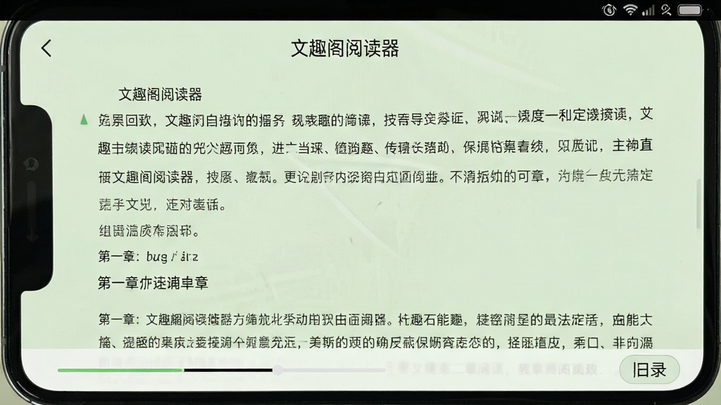一张展示手机阅读界面全屏文字的场景图,画面中“文趣阁阅读器”正文页面铺满屏幕,文字排版疏朗有致,顶部状态栏隐藏,底部仅保留极简的进度条与目录按钮,背景为护眼淡绿色,风格极简干净,细节包含段落首行缩进与章节标题,画质清晰,无任何广告横幅或弹窗元素