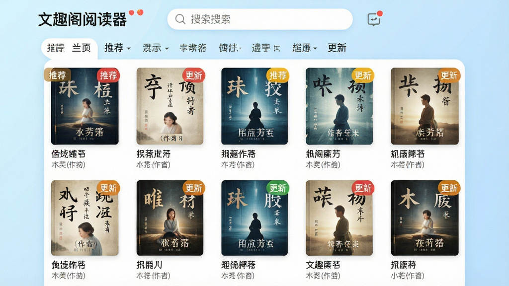 一张展示手机应用书库页面的场景图,画面中“文趣阁阅读器”界面呈现瀑布流式小说封面墙,每本书封面下方标注书名与作者,顶部有搜索框和分类筛选栏,背景为淡蓝色渐变,风格清新明快,细节包含推荐标签与更新提示角标,画质清晰,排版整齐,画面干净无杂乱元素