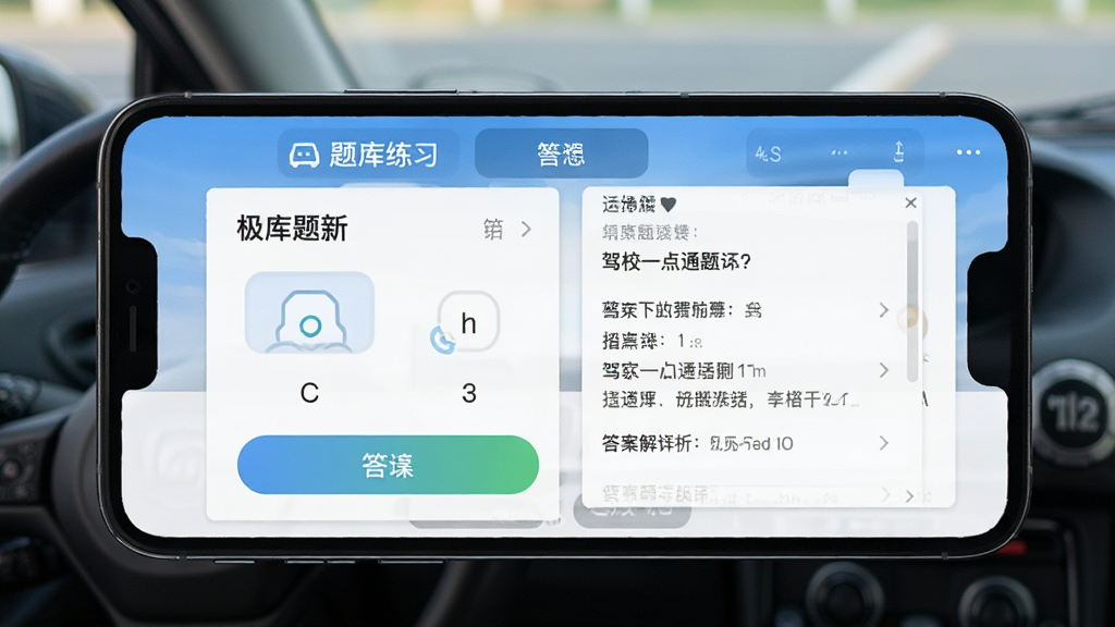 驾校一点通极速版题库练习界面,手机屏幕显示选择题与答案解析,界面排版整齐,风格清新简约,画质干净高清