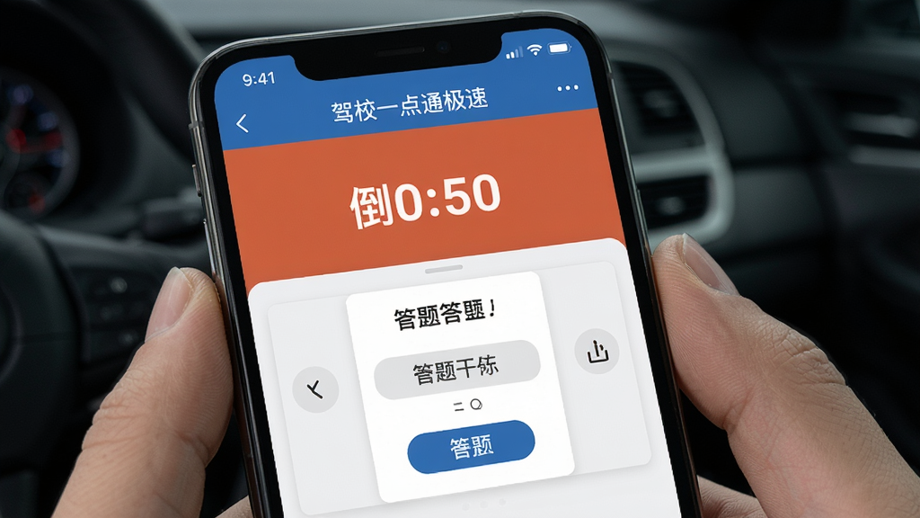 驾校一点通极速版模拟考试界面,手机屏幕显示倒计时与答题卡,界面风格严肃简洁,画质清晰干净