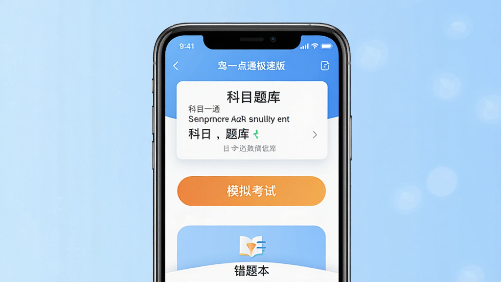 驾校一点通极速版应用主界面展示,手机屏幕居中摆放,界面包含科目一题库入口、模拟考试按钮与错题本图标,背景为浅蓝色渐变,风格简洁清爽,细节清晰,画质干净高清,无多余元素