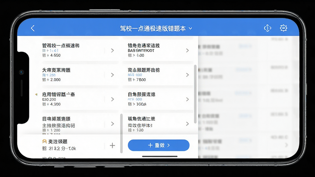 驾校一点通极速版错题本界面,手机屏幕展示错题列表与重做按钮,界面布局清晰,风格简约,画质干净高清