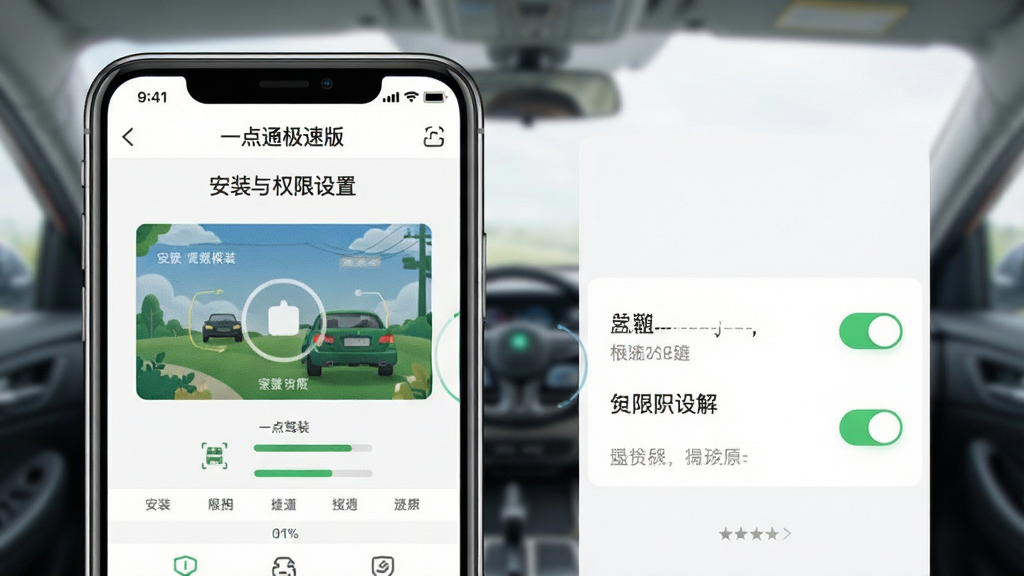 驾校一点通极速版安装与权限设置示意图,手机屏幕展示安装界面与权限开关,界面简洁明了,风格清爽,画质干净高清