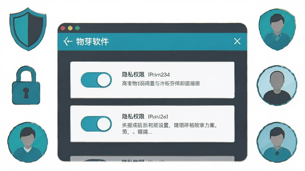 画面中央为物芽软件的隐私权限设置界面,界面中包含开关按钮和权限说明文字模块,周围环绕盾牌、锁具和用户头像等安全元素简笔图标,风格为简约商务扁平风,配色以深灰和青蓝为主,细节干净,画质清晰,无多余元素