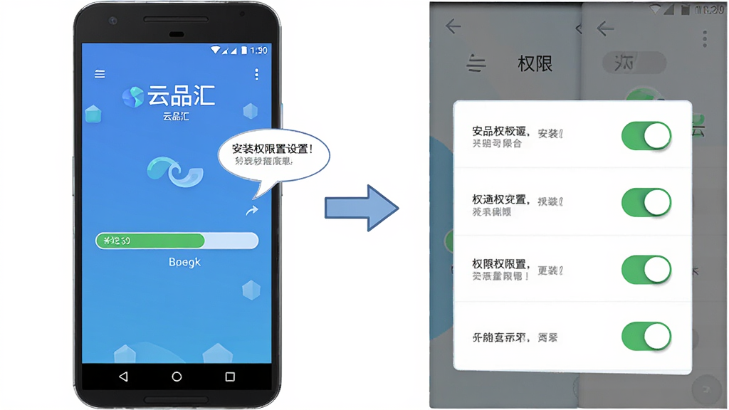 画面主体为“云品汇”应用在安卓手机上的安装与权限设置示意图,布局为左侧手机展示安装进度条,右侧展示权限开关面板,中间用箭头连接,风格为简洁说明性插画风格,细节包含清晰的开关图标与提示气泡,画质高清干净无多余元素