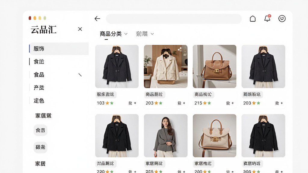 画面主体为“云品汇”应用内的商品分类浏览界面,布局为左侧分类栏加右侧商品网格,屏幕中显示服饰、食品、家居等分类标签与商品缩略图,排版整齐清晰,风格为现代简约电商UI风格,细节包含轻量图标与留白间距,画质高清干净无多余元素
