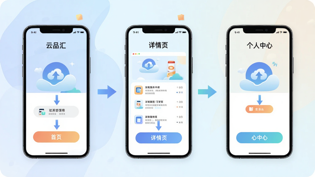 画面主体为“云品汇”应用操作流程示意图,布局为三部手机并排展示从首页到详情页再到个人中心的操作路径,每部手机屏幕内包含简洁按钮与箭头引导,风格为轻科技感扁平插画风格,细节包含柔和渐变背景与清晰图标,画质高清干净无多余元素