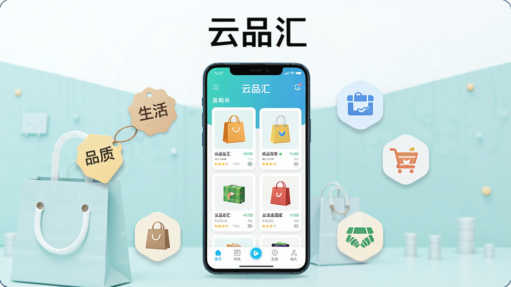 画面主体为一部竖屏安卓手机,屏幕中央展示“云品汇”应用首页界面,界面包含商品卡片与底部导航栏,手机周围环绕购物袋、品质标签与生活服务图标,布局采用居中对称构图,上方留白放置“云品汇”三个中文字,风格为清爽扁平化UI展示风格,细节包含柔和阴影与圆角卡片,画质高清干净无多余元素