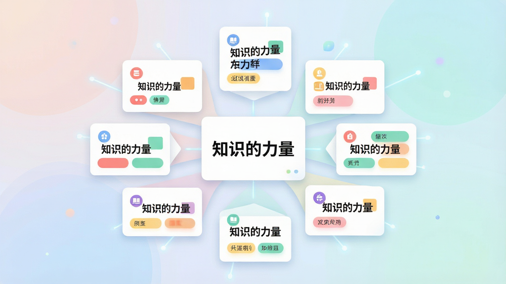 一张展示知识内容聚合界面的插画风格图片,画面主体为悬浮的知识卡片矩阵,卡片上写有“知识的力量”字样,布局采用中心向外辐射的排版,风格为扁平化科技插画,细节包含分类图标、标签色块与柔和渐变背景,画质干净清晰,无多余装饰元素