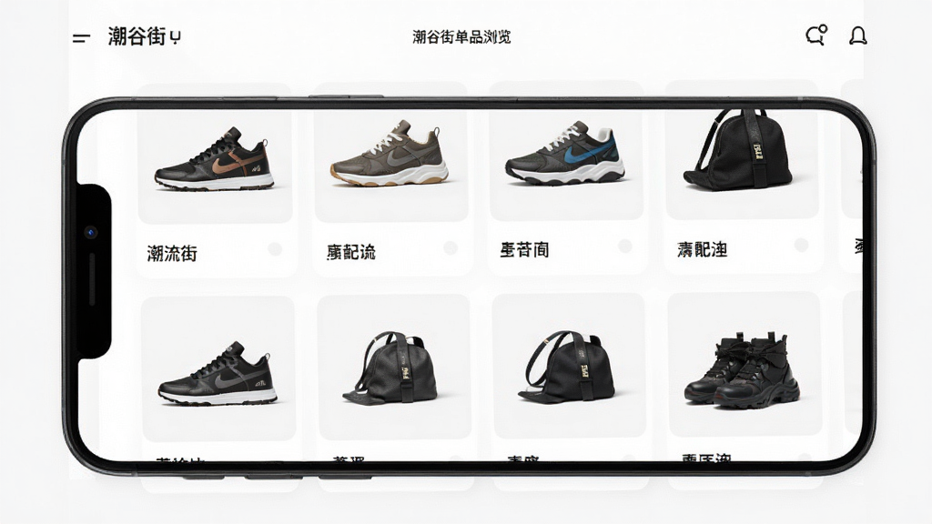 潮谷街单品浏览页面展示,手机屏幕内呈现潮流鞋履与配饰商品列表,卡片式排版整齐,背景明亮,风格清爽现代,细节清晰,画质干净高清,无多余元素