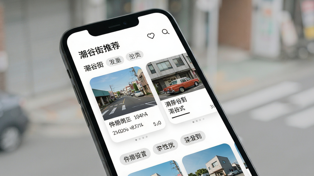 潮谷街个性化推荐界面展示,手机屏幕显示推荐内容卡片与标签分类,布局错落有致,风格简约时尚,细节清楚,画质高清干净,无多余元素