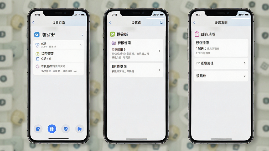 潮谷街移动端操作界面与设置页面展示,手机屏幕内显示权限管理与缓存清理选项,布局清晰,风格简洁实用,细节明确,画质高清干净,无多余元素