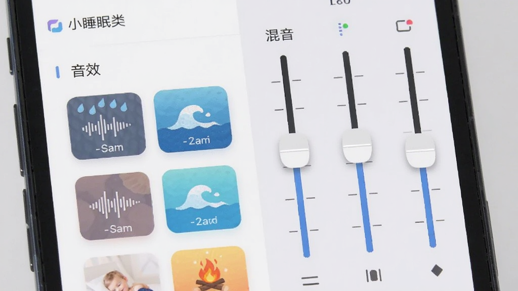 小睡眠软件界面中展示多种音效卡片与混音调节面板,画面主体为手机屏幕特写,布局上左侧为音效分类列表,右侧为三轨混音滑块,风格简洁现代,细节包含雨滴、海浪、篝火等小图标,画质清晰干净,无多余装饰元素