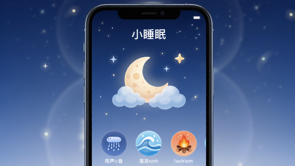 一款名为小睡眠的手机应用展示界面,画面主体是一部竖屏智能手机,屏幕内为柔和的深蓝渐变背景,中央显示月亮与云朵插画,下方排列雨声、海浪、篝火等音效圆形图标,整体布局采用居中对称式排版,风格清新舒缓,细节上加入柔和光晕与夜间星光点缀,画质高清细腻,画面干净无多余元素