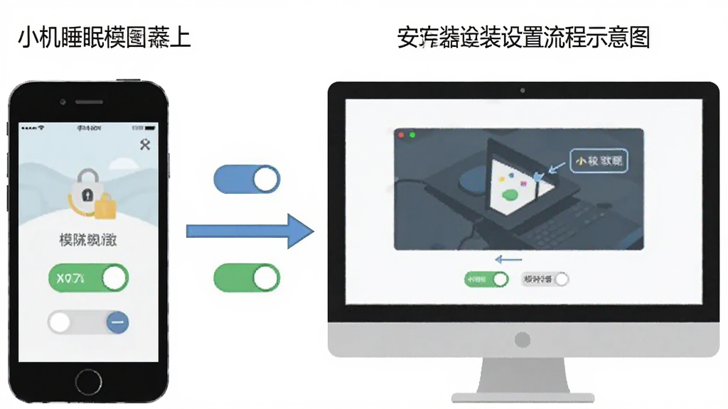 小睡眠软件在手机与模拟器上的安装设置流程示意图,画面主体为两部设备并排展示,布局左侧手机右侧电脑屏幕,风格扁平化教程图示,细节包含权限开关图标与箭头引导线,画质清晰,画面干净无冗余