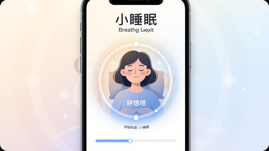 小睡眠软件冥想引导页面,画面主体为手机屏幕内展示一位闭眼放松的人物插画与呼吸节奏圆环动画,布局为上方标题下方进度条,风格柔和静谧,细节包含渐变光晕与呼吸提示文字,画质高清,画面干净整洁
