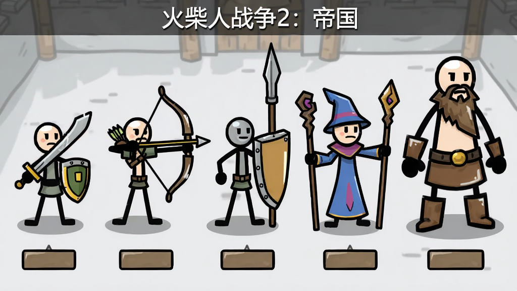画面展示一个横向排布的火柴人兵种展示界面,从左到右依次是持剑的剑士、拉弓的弓箭手、举盾的长矛兵、手持法杖的法师和体型高大的巨人,每个火柴人下方有一个小标签牌,背景是浅灰色的训练场地面,风格为简洁的卡通矢量插画,布局整齐对称,细节包括武器上的高光和士兵脚下的阴影,画质干净清晰,无多余元素,图片顶部写