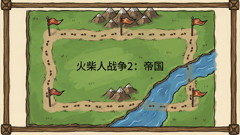 画面呈现一张俯视视角的战役地图,地图上有绿色的平原、棕色的山道和蓝色的河流,几面小旗子插在不同的位置表示关卡节点,地图边缘有木质边框装饰,风格为手绘卡通地图,布局上地图占据画面主体,四周留出浅米色背景,细节包括路径上的小脚印、旗帜的褶皱和河流的波纹,画质清晰,干净整洁,无多余元素,地图中央写