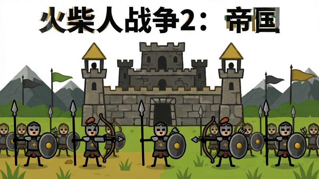 画面中央是一座由火柴人建造的石头城堡,城堡前方排列着手持长矛、弓箭和盾牌的火柴人战士方阵,远处是连绵的山脉与飘扬的旗帜,整体采用扁平卡通插画风格,色调以土黄、草绿和深灰为主,布局上城堡占据画面中上部,士兵方阵位于前景,天空留白干净,细节包括城墙上的望塔、士兵的盔甲纹路和地面的草地纹理,画质清晰锐利,干净整洁,无多余元素,图片上方用粗体字写