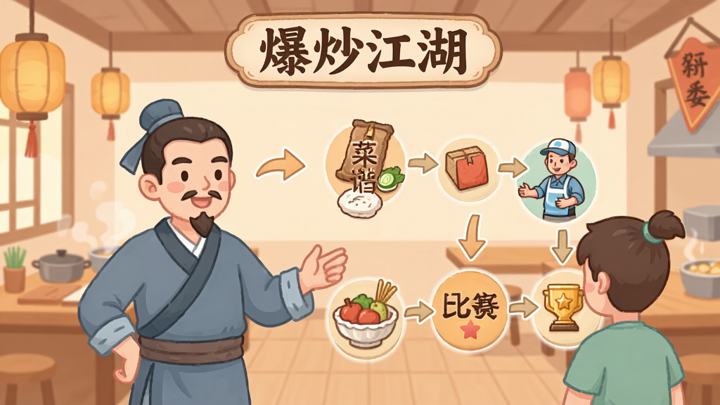 一张以“爆炒江湖”新手引导界面为主题的插画,画面中一位古装掌柜正在向玩家展示餐馆经营流程图,图中包含菜谱、伙计、装修、比赛四个图标,旁边有箭头串联,背景是温馨的餐馆内景,风格为简洁明快的扁平化卡通插画,色彩柔和,布局清晰,画质干净,无多余元素