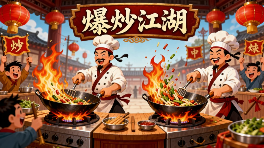 一张以“爆炒江湖”厨艺比拼场景为主题的插画,画面中央是两张并排的烹饪台,两位古装厨师正在颠勺炒菜,锅中火焰升腾,周围有观众举牌加油,背景是红灯笼高挂的擂台,风格为热闹喜庆的国风卡通插画,色彩鲜艳,画质清晰,细节生动,无多余元素