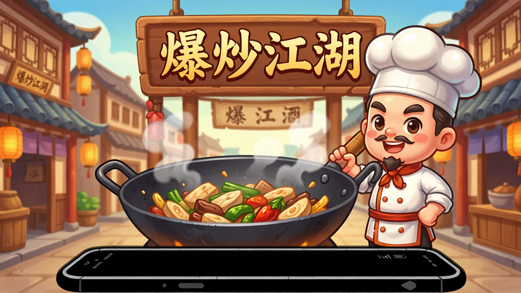 一张以中华美食江湖为主题的手机游戏启动画面,画面中央是一口冒着热气的巨大炒锅,锅边站着一位身穿古装、头戴厨师帽的卡通掌柜,背景是古色古香的中式酒楼街道,招牌上写着“爆炒江湖”四个大字,画面下方是安卓手机轮廓,整体风格为清新明快的Q版卡通插画,色彩温暖饱和,细节丰富,画质清晰干净,无多余元素