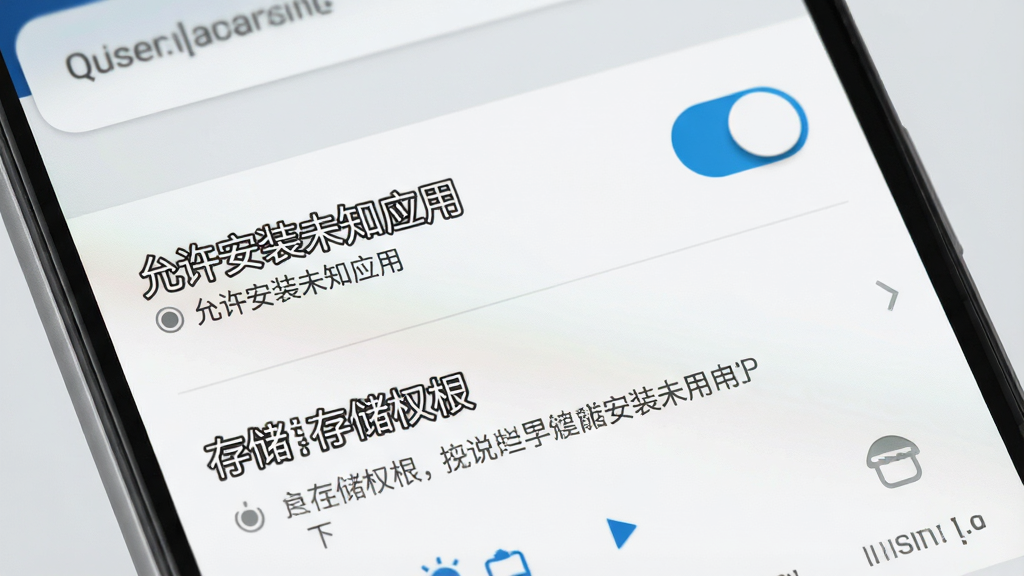 一张展示安卓手机安装应用时权限设置界面的示意图,画面为手机屏幕特写,屏幕内显示“允许安装未知应用”开关与存储权限选项,背景为浅灰色,风格写实界面风,细节包含开关按钮与提示文字,画质清晰,干净,无多余元素