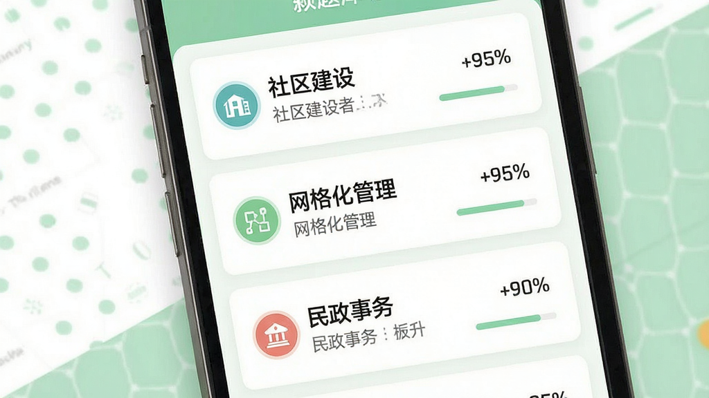 一张社区工作者鸣题库章节练习界面的示意图,画面主体为手机屏幕特写,屏幕内展示“社区建设”“网格化管理”“民政事务”等分类卡片纵向排列,卡片右侧带有进度百分比,背景为白色与淡绿色拼接,风格简约现代,细节包含小标题文字与圆形图标,画质清晰,干净,无多余元素
