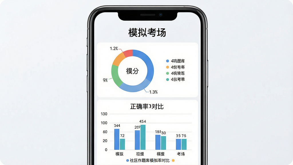 一张社区工作者鸣题库模拟考试报告页面的示意图,画面为手机屏幕居中展示,屏幕内包含环形得分图、柱状正确率对比图与“模拟考场”标题文字,背景为浅灰白色,风格数据可视化,细节包含数字标签与图例,画质清晰,干净,无多余元素