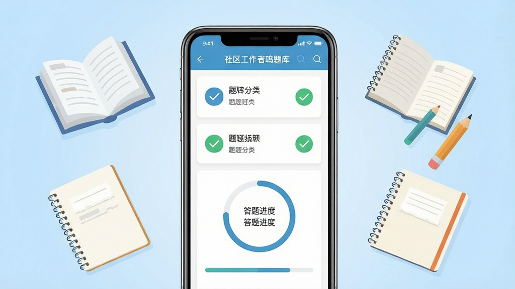 一张展示社区工作者鸣题库软件界面的手机样机图,画面中央为竖屏手机,屏幕显示题库分类列表与答题进度环,手机两侧漂浮着书本、笔记本、铅笔等学习元素,背景为浅蓝色渐变,整体布局居中对称,风格清爽扁平化,细节包含题目卡片、对勾图标、进度条,画质清晰,干净,无多余元素