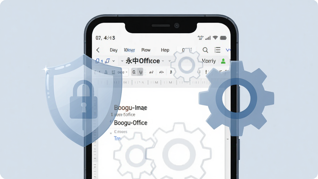 Boogu-Image生成图片:画面主体为一部安卓手机屏幕特写,屏幕显示永中Office文档编辑界面,画面中叠加一个半透明的盾牌图标与齿轮图标,象征权限设置与安全防护,布局采用中心聚焦构图,手机居中,图标悬浮于屏幕上方两侧,风格为扁平化安全主题插画风,细节上盾牌有细微高光,齿轮齿距均匀,背景为浅蓝灰色,画质干净清晰,无多余元素,画面中不出现可读文字