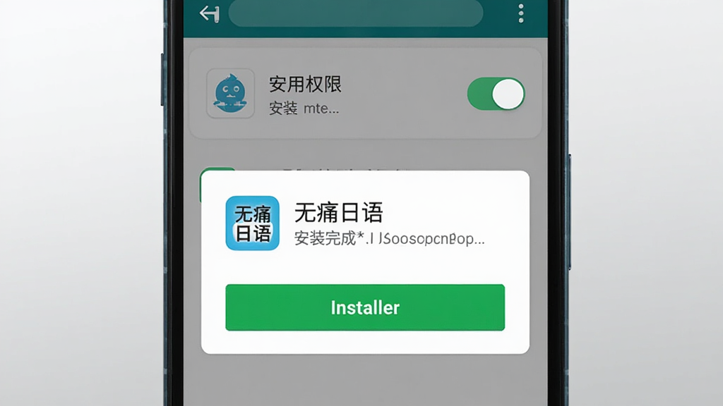 主体为一部安卓手机屏幕特写,显示应用安装权限设置界面与“无痛日语”安装完成提示,布局为手机居中、背景为浅灰渐变,风格为数码操作指南配图,细节包含权限开关高亮、安装按钮、清晰图标,画质干净锐利,无多余元素