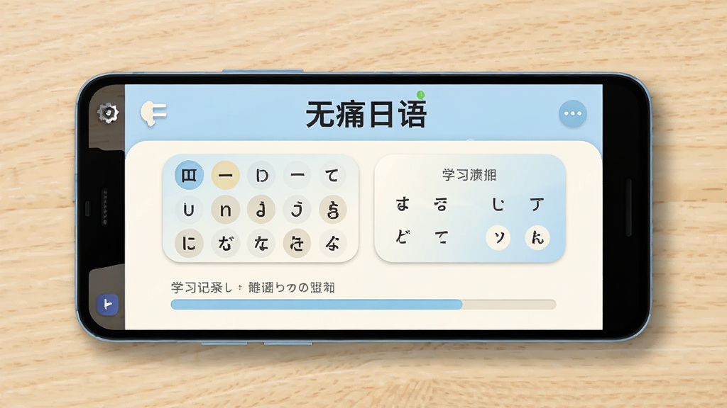 主体为一部安卓手机横向放置于浅木色桌面,屏幕内呈现日语学习应用界面,上方标题文字为“无痛日语”,界面包含五十音图表卡片与单词记忆进度条,布局居中对称,风格为清新扁平化学习类App展示,细节包含柔和阴影、圆角图标、浅蓝与米白配色,画质清晰干净,无多余元素