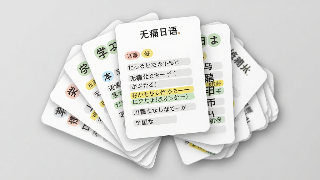 主体为多张语法学习卡片以扇形展开悬浮于浅灰背景中,最上方卡片印有“无痛日语”品牌字样与日语语法例句,布局为扇形错落排列,风格为简约知识卡片展示,细节包含彩色标签、例句高亮、柔和投影,画质清晰干净,无多余元素