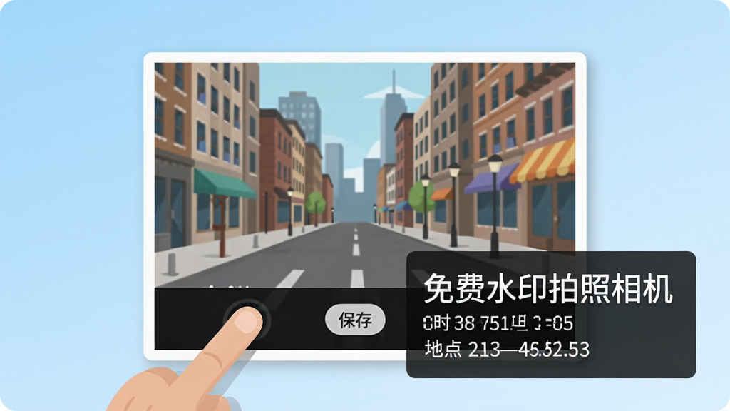 画面主体是一张刚拍摄完成的照片预览,照片内容为城市街景,照片右下角叠加一块深色半透明水印面板,面板上用白色中文写着