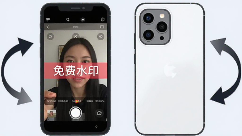 画面主体是一部手机的正反面示意图,正面屏幕显示自拍取景画面并叠加