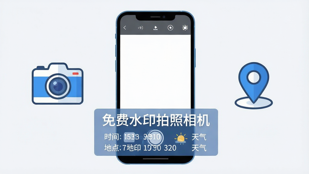 画面主体是一部竖屏智能手机居中放置,手机屏幕上显示拍照取景界面,画面下方叠加半透明信息条,条内用中文写着
