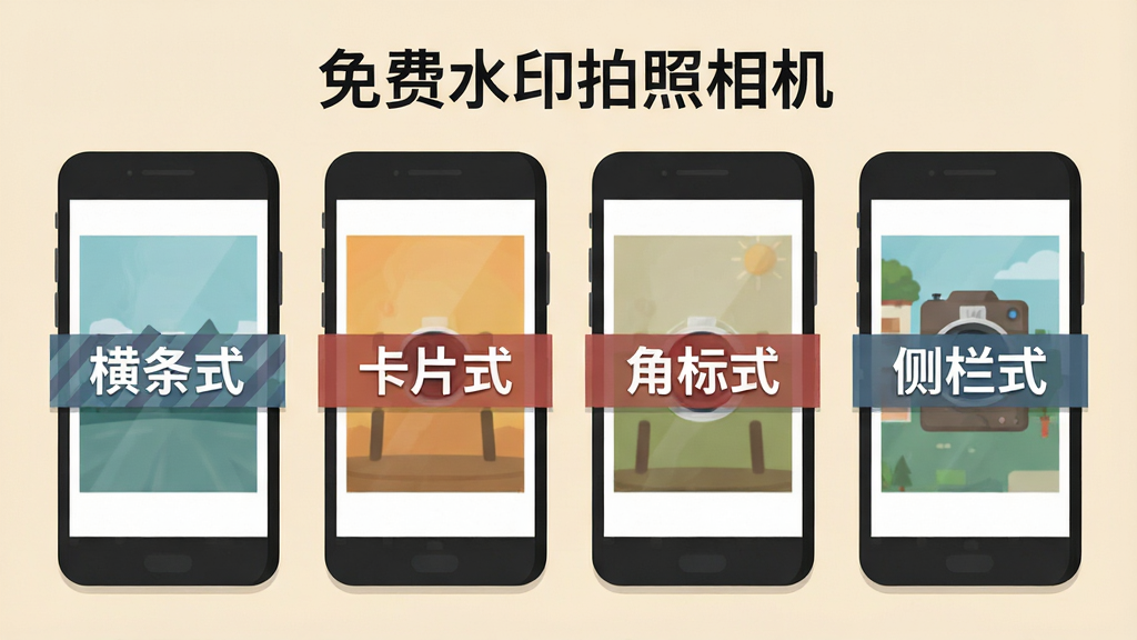 画面主体是四张并排展示的手机照片缩略图,每张照片上叠加不同样式的水印条,分别标注