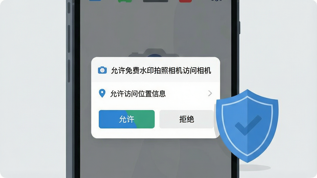画面主体是一部手机屏幕特写,屏幕上显示权限申请弹窗,弹窗内用中文写着