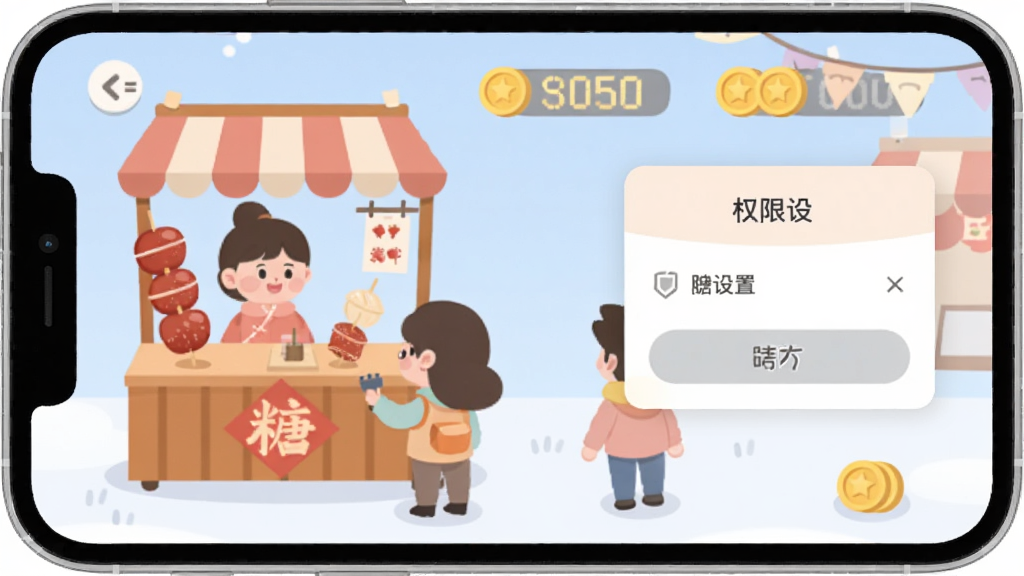 手机屏幕显示糖葫芦游戏主界面,画面中有摊位、顾客和金币数量,旁边有权限设置弹窗示意,整体采用扁平化信息图风格,布局清晰,色彩柔和,画质干净,无多余元素