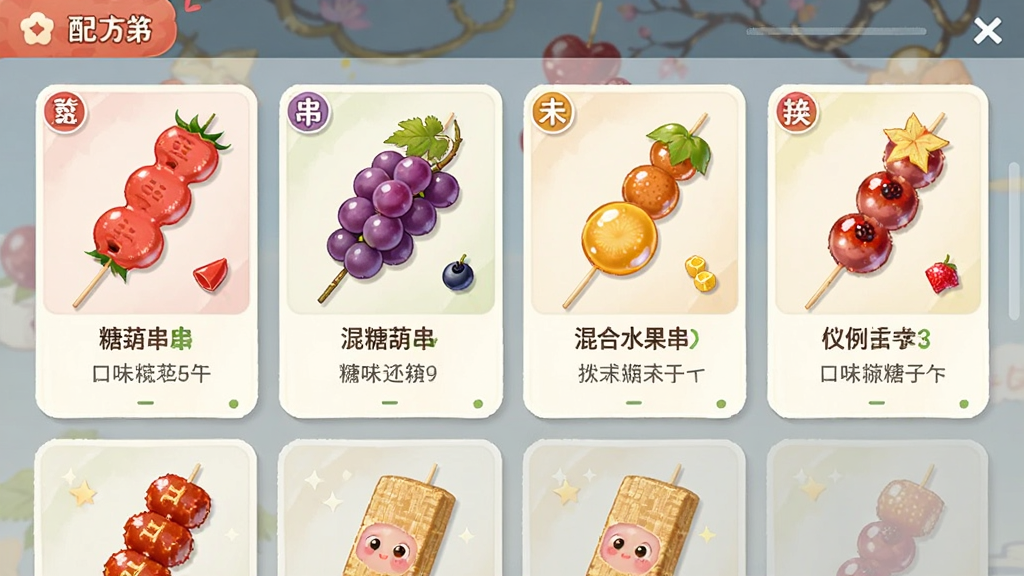 游戏内的配方图鉴界面,展示多种糖葫芦口味卡片,包括草莓串、葡萄串、混合水果串等,每张卡片配有精美插画和口味说明,整体排版整齐,风格清爽,画质干净