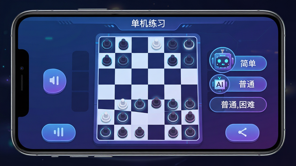 主体为元游军棋单机模式界面,手机屏幕显示棋盘与电脑AI头像,AI头像旁有“简单、普通、困难”三个难度标签;布局为手机正面平放,背景为深色渐变;排版突出中央棋盘,四周留出操作按钮区域;风格为科技感扁平插画风,配色以蓝紫为主;细节包括棋子带有微光边缘,难度标签为圆角矩形,屏幕上方显示“单机练习”字样;画质清晰,干净,无多余元素