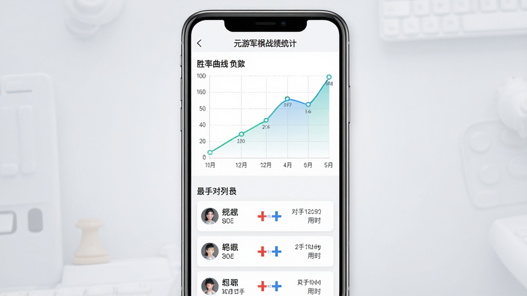 主体为元游军棋战绩统计页面,手机屏幕展示胜率曲线图与最近对局列表,列表中有红蓝胜负标识;布局为手机竖屏居中,背景为浅灰渐变;排版上部分为曲线图,下部分为对局记录卡片;风格为简约数据可视化风,配色以白底配蓝绿曲线;细节包括曲线图有网格线与数据点,对局卡片显示对手昵称与用时;画质清晰,干净,无多余元素