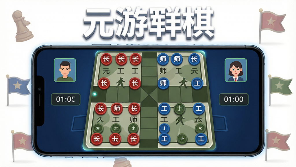 主体为一部横屏安卓手机,屏幕中央展示元游军棋的四国军棋棋盘,红蓝双方棋子整齐排列,棋盘两侧有玩家头像与倒计时读秒框;布局采用手机居中、周围环绕半透明棋子与军旗图标;排版简洁,上方留白放置“元游军棋”四个白色立体字;风格为现代扁平化游戏UI风,配色以深蓝与军绿为主;细节包括棋子上的军长、师长、工兵等字样清晰可辨,棋盘线条锐利,边角有轻微光晕;画质高清,干净,无多余元素