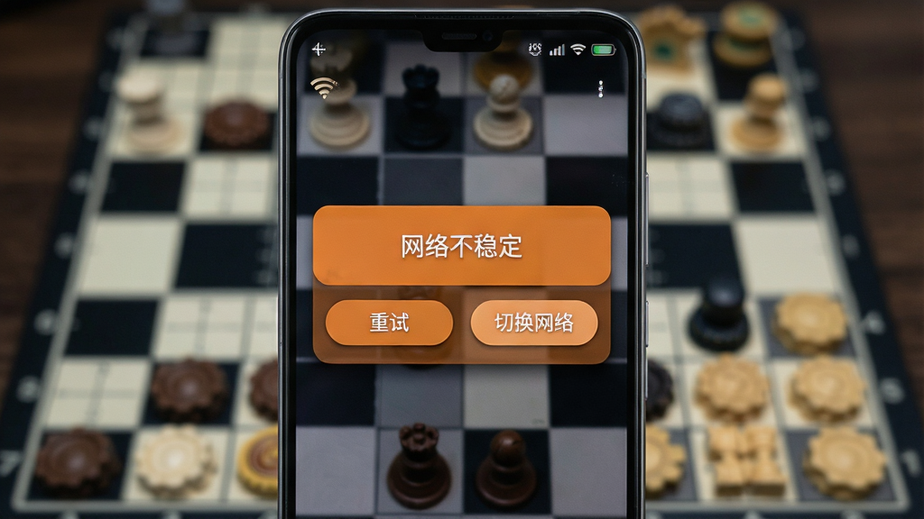 主体为一部安卓手机屏幕特写,显示元游军棋对局中弹出的“网络不稳定”提示框,提示框下方有“重试”与“切换网络”两个按钮;布局为手机居中,背景虚化显示棋盘;排版突出提示框,四周留出手机边框;风格为写实UI截图风,配色以深色棋盘配橙色提示框;细节包括提示框有轻微阴影,按钮为圆角矩形,屏幕顶部状态栏显示Wi-Fi信号弱;画质清晰,干净,无多余元素