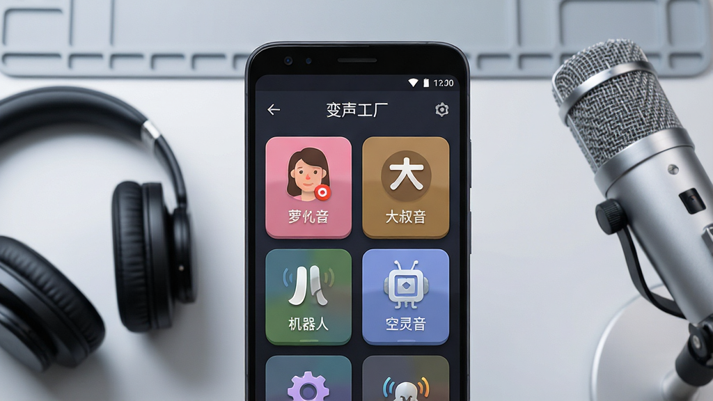 一张展示安卓手机屏幕的写实风格图片,画面中央是“变声工厂”软件主界面,卡片式排列着萝莉音、大叔音、机器人、空灵音等音效图标,手机机身呈深空灰色,背景为浅灰渐变工作台,画面左侧摆放一副黑色头戴耳机,右侧有一支银色麦克风,整体布局为居中构图,风格清爽科技感,细节包含界面阴影与图标高光,画质清晰锐利,画面干净无多余元素