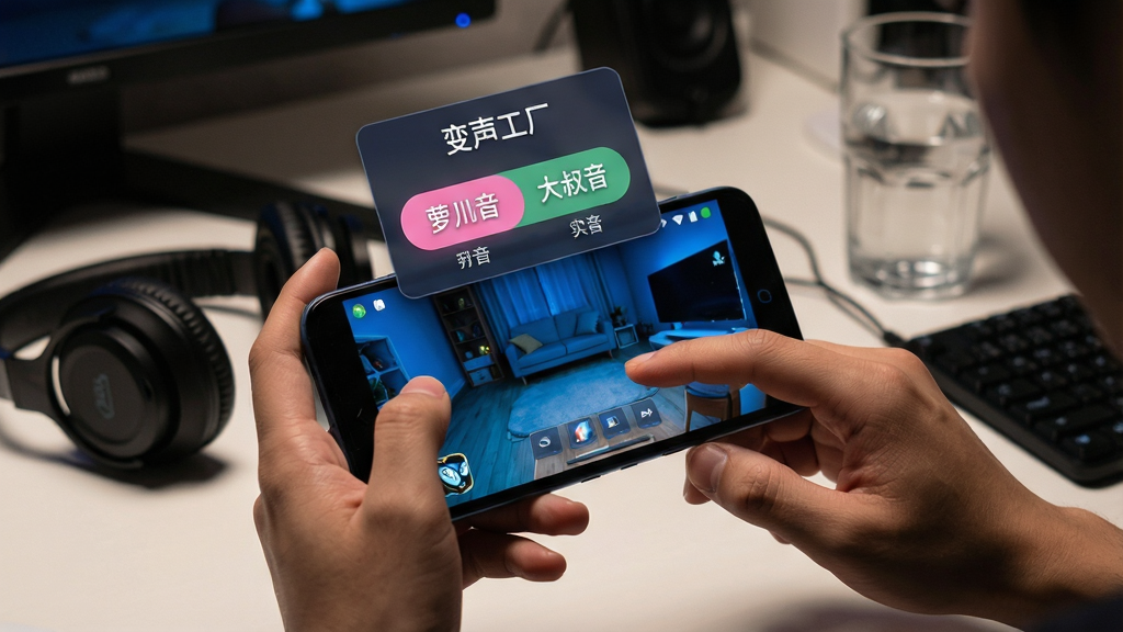 一张展示手机游戏场景的写实图片,画面中一名玩家手持安卓手机横屏游玩,屏幕上方悬浮着“变声工厂”实时变声开关面板,面板上显示萝莉音与大叔音两个切换按钮,背景为夜晚室内桌面,桌上有耳机与水杯,布局为斜侧视角,风格生活化写实,细节包含屏幕光效与手指操作动作,画质清晰,画面干净无多余元素
