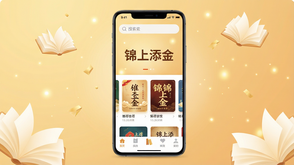 主体为一部竖屏安卓手机,屏幕中央显示“锦上添金”应用主界面,界面布局为顶部搜索栏、中部推荐书封轮播、底部书架导航栏;背景为柔和暖金色渐变,点缀少量翻开的书页与金色光点元素;风格为现代扁平化UI展示风,细节清晰,图标圆润,文字“锦上添金”醒目居中;画质高清,画面干净,无多余杂乱元素