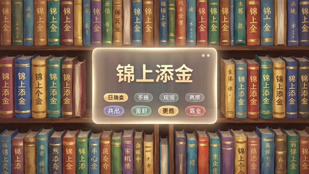 画面主体为一面由无数彩色书脊组成的虚拟书架墙,书架中央悬浮一块发光的智能推荐面板,面板上显示“锦上添金”字样与分类标签;布局为书架环绕、面板居中;风格为科技感与书香气息融合的插画风;细节包括书脊上的烫金文字纹理、面板边缘的柔光效果;画质精细,画面干净,无多余元素