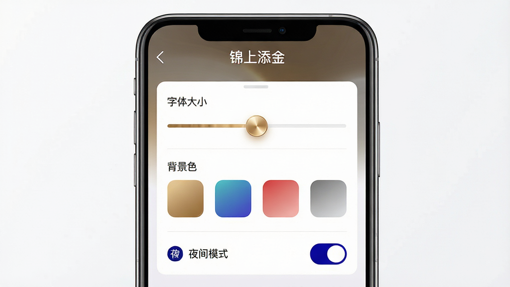 画面主体为一部手机特写,屏幕显示“锦上添金”阅读设置面板,面板上呈现字体大小滑块、背景色色块、夜间模式开关等控件;布局为手机居中、设置面板占据屏幕大部分区域;风格为简洁清新的UI展示风;细节包括滑块的高光质感、色块的柔和过渡;画质高清,画面干净,无多余元素
